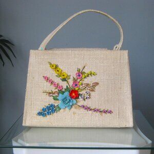 Vintage Handbag Off White Line small tote linen shells flowers